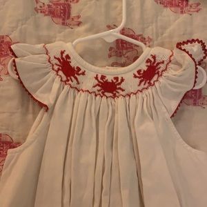 Silly goose smocked dress with red crabs